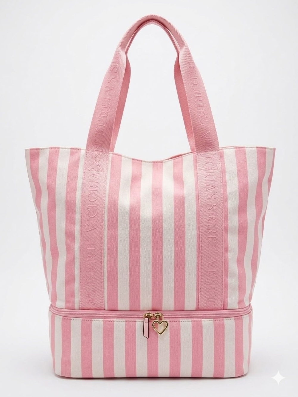 PINK Victoria's Secret Pink and White Striped Tote with Front Mesh Pocket